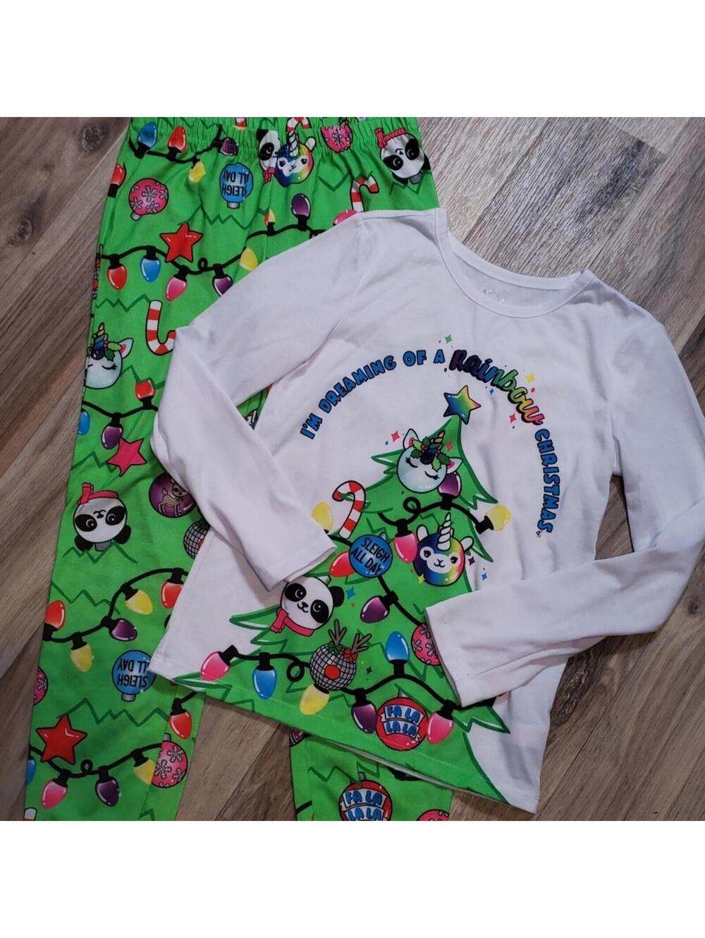 Girls 10 Justice Christmas Pajama Set 2 piece Panda Bear Unicorns